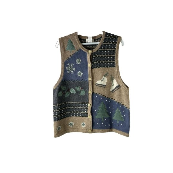 Vintage 1990s Hand Knit Ice Skates Nature Cardigan Sweater Vest - Picture 1 of 7